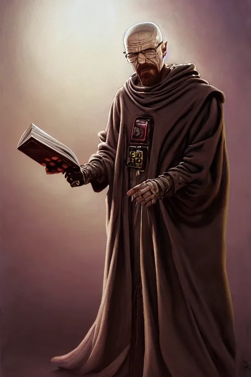 Image similar to painting of walter white as a cloaked tech priest holding a book, adeptus mechanicus!, cybernetic enhancements attached to his body, praise the omnissaiah, zdzislaw beksinski, lewis jones, mattias adolfsson, warhammer 4 0 k!!, cold hue's, warm tone gradient background, concept art, digital painting