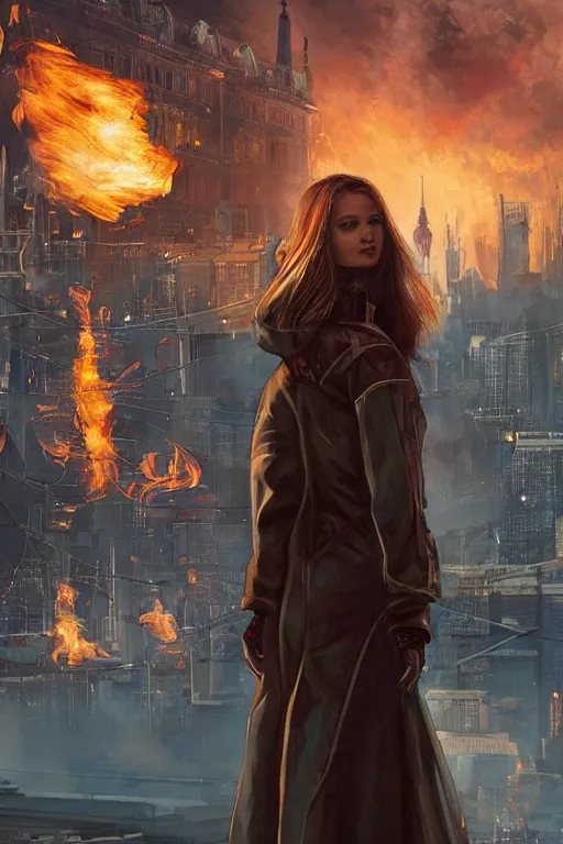 Prompt: in the foreground Saint Petersburg in cyberpunk, in the background a magnificent young blonde woman from behind playing with flames coming out of her hands wearing a long matrix-style jacket, realistic, high definition, many details, dramatic scene, symmetrical face, eyes realistic, art of jesper ejsing