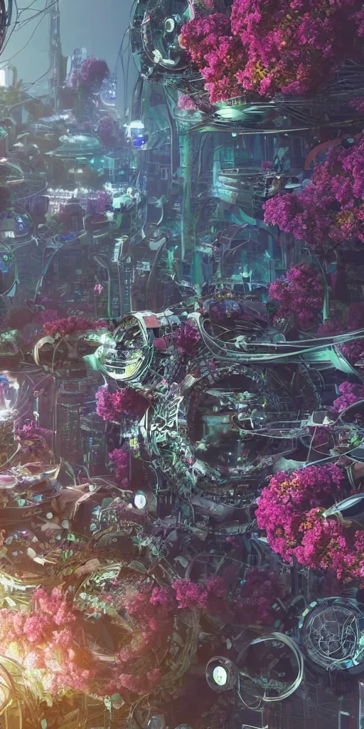 Image similar to a lovely mechanical cornucopia of flowers, sci-fi futuristic, utopian, machine parts, wires, circuits, highly detailed, octane render, cinematic