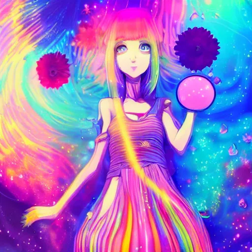 Image similar to psychedelic, whimsical, anime, 4k, beautiful intimate woman with professional makeup, long trippy hair, a crystal and flower dress, bathing in a reflective pond, underneath the stars, rainbow fireflies, trending on patreon, deviantart, twitter, artstation, volumetric lighting, heavy contrast, art style of Ross Tran and Ilya Kuvshinov