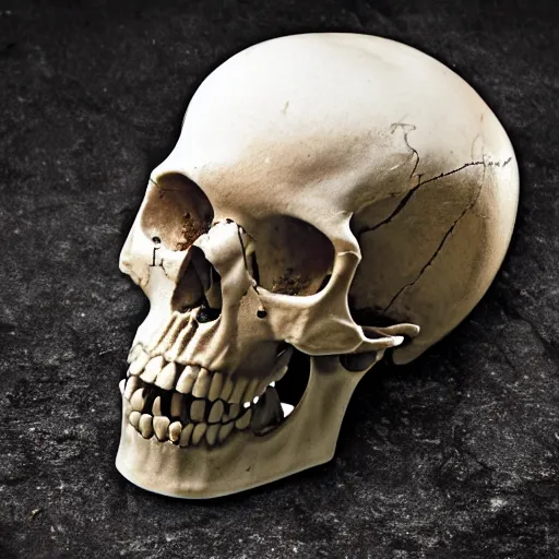 Image similar to close up of human skull used as ashtray, dark blurry background