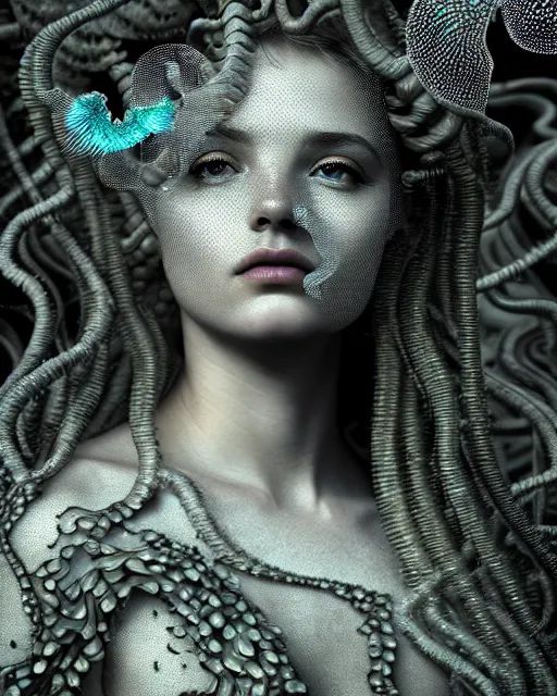 Image similar to surreal mythical dreamy underwater artistic bw photo of a beautiful young female angelic - medusa - cyborg covered with fish scales and algae, highly detailed, intricate crystal ivy jelly fish scales ornate, poetic, octane render, 8 k, photo - realistic, in the style of gustave dore and preraphaelites
