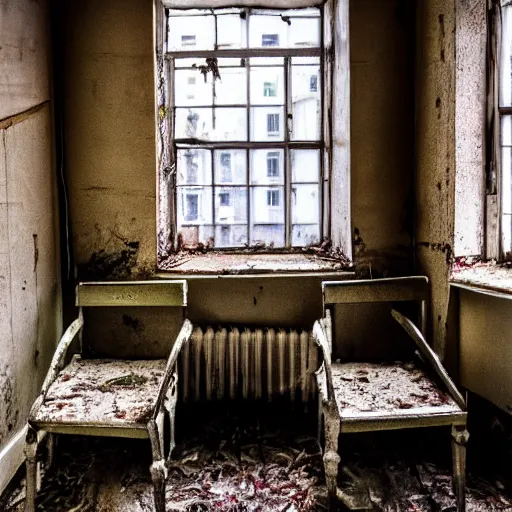 Prompt: an old hotel room, the walls are decaying, the floor has plants growing through cracks, the room is filled with tables and chairs, the tables have moldy food on them, sunlight is coming through a window, taken on a 2. 2 mm ultrawide camera.