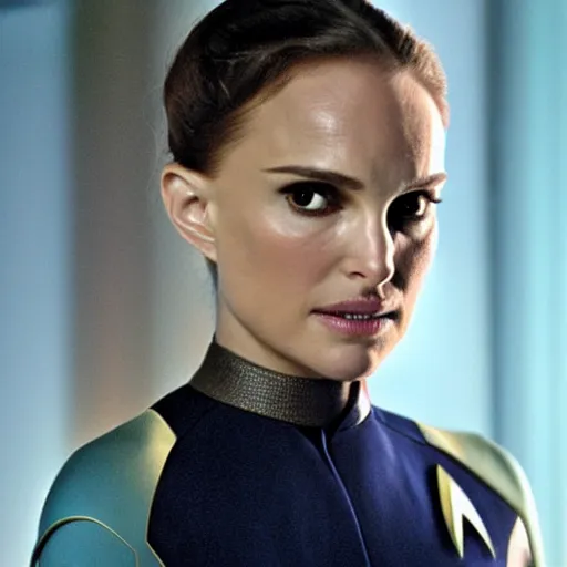 Image similar to Natalie Portman in Star Trek, ¾ view, (EOS 5DS R, ISO100, f/8, 1/125, 84mm, postprocessed, crisp face, facial features)