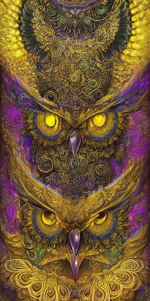 Prompt: intricate ornate of an owl with beautiful yellow eyes on a psychedelic journey in the style of android jones, symmetrical, sacred, ethereal, sacred geometry, hyper detailed, high detail, artstation, octane, unreal engine