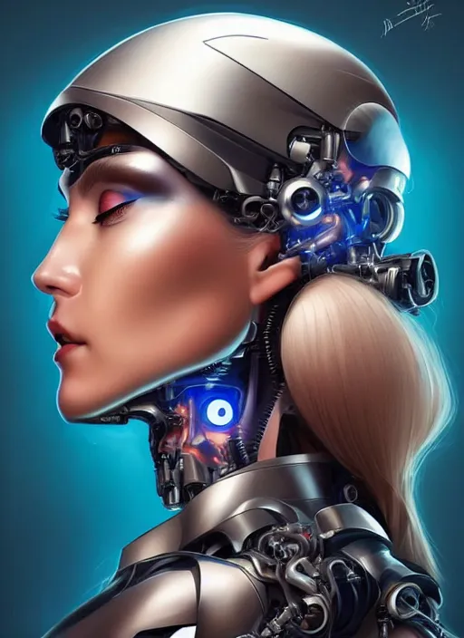 Image similar to portrait of a cyborg woman who turns her head to the ((((((right))))) left+350 (((((up))))) (((((down))))) by Artgerm,eyes closed , biomechanical, hyper detailled, trending on artstation