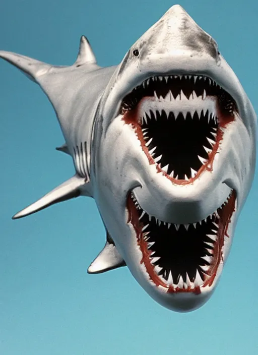 Prompt: jaws great white shark transformers, 1 9 8 0 s product photography, studio lighting