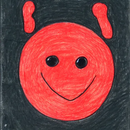 Image similar to primitive drawing of smiling circle face with thumb up hand and red eyes.