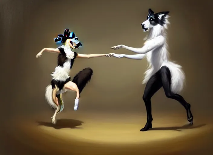 Image similar to wide shot painting of a male anthropomorphic border collie fursona dancing with a cute female anthropomorphic sheep fursona in a ballroom, beautiful, intricate, elegant, realistic proportions, highly detailed, scenic background, trending on artstation, art by charlie bowater and henry asencio and and ross tran