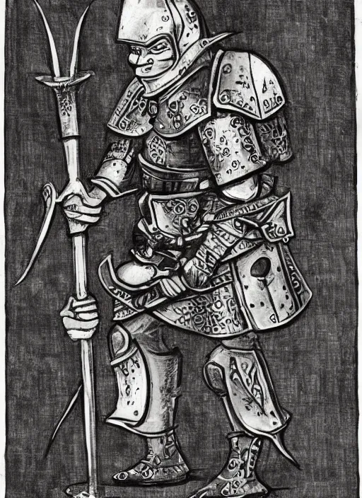 Image similar to medival scroll illustration of a Shrek in armour from Shrek the movie, fine detail, copperplate