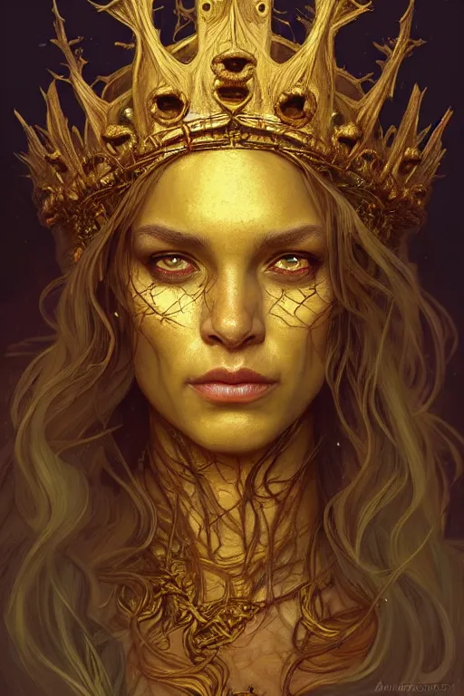 Prompt: Portrait of swamp monster with a golden crown on its head, D&D, face, fantasy, intricate, elegant, highly detailed, digital painting, artstation, concept art, smooth, sharp focus, illustration, art by artgerm and greg rutkowski and alphonse mucha