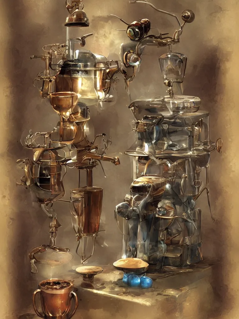 Image similar to ancient coffee machine, by Simon Stalenhaag, by Yoshita Amano, by Esao Andrews, sharp focus, fresh colors, deviantart, conceptart