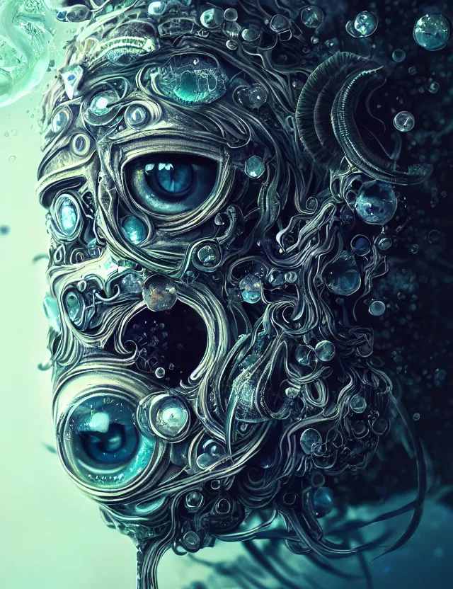 Image similar to eye of god macro close - up portrait with mask made of ram skull. betta fish, jellyfish phoenix, plasma, ice, water, wind, creature, super intricate ornaments artwork by tooth wu and wlop and beeple and greg rutkowski