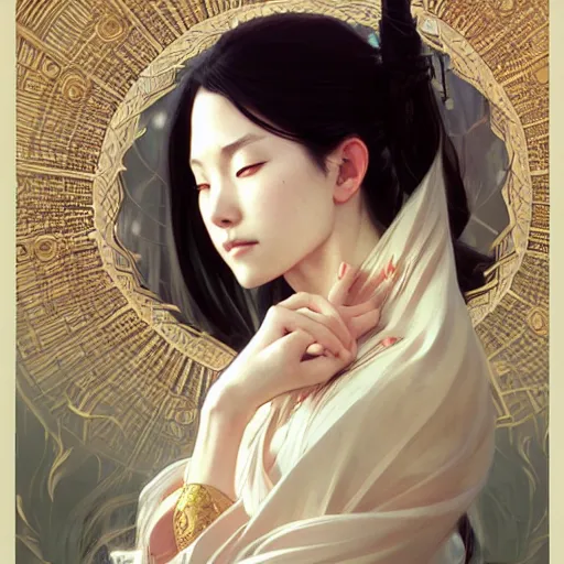 Image similar to Kaguya Ōtsutsuki, D&D, fantasy, intricate, elegant, highly detailed, digital painting, artstation, concept art, matte, sharp focus, illustration, art by Artgerm and Greg Rutkowski and Alphonse Mucha