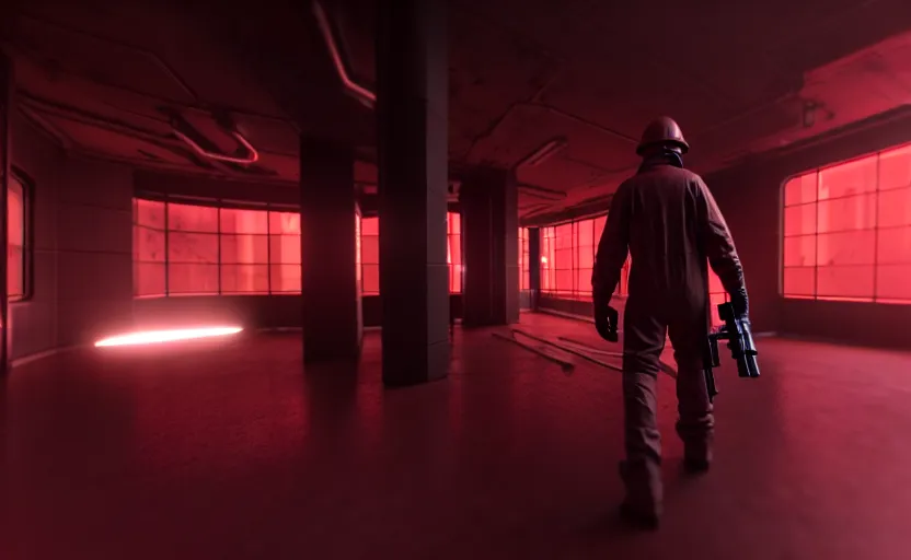 Image similar to in-game screenshot of a dark red hazmat scientist holding a gun walking on unreal engine 5, in a liminal underground garden, photorealistic, octane render, retrofuturism, brutalism, staggered terraces, minimalist