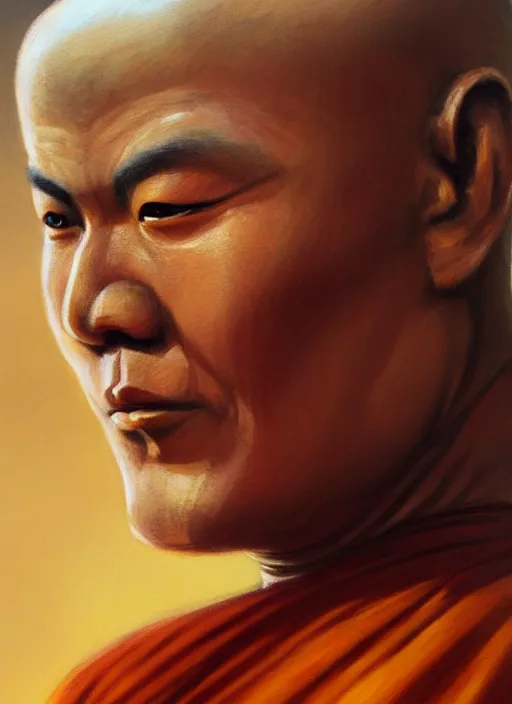 Prompt: smart tai buddhist monk, sukothai, closeup portrait, without eyebrows, historical hero, ethnic group, tai costume, intricate, elegant, loin cloth, highly detailed, oil painting, artstation, concept art, matte, sharp focus, illustration, hearthstone, art by earl norem