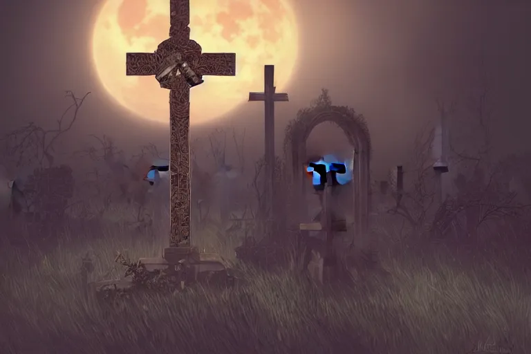 Prompt: an ultra detailed animation of a cross in a graveyard at midnight on halloween, digital art, dark fantasy, concept art, soulslike, by alphonse mucha, blood moon eclipse, ruined building in the background, artstation, 8 k, unreal engine render