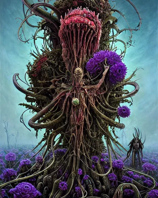 Prompt: the platonic ideal of flowers, rotting, insects and praying of cletus kasady carnage thanos dementor wild hunt chtulu mandelbulb schpongle tsar bomba bioshock xenomorph akira, ego death, decay, dmt, psilocybin, concept art by randy vargas and zdzisław beksinski