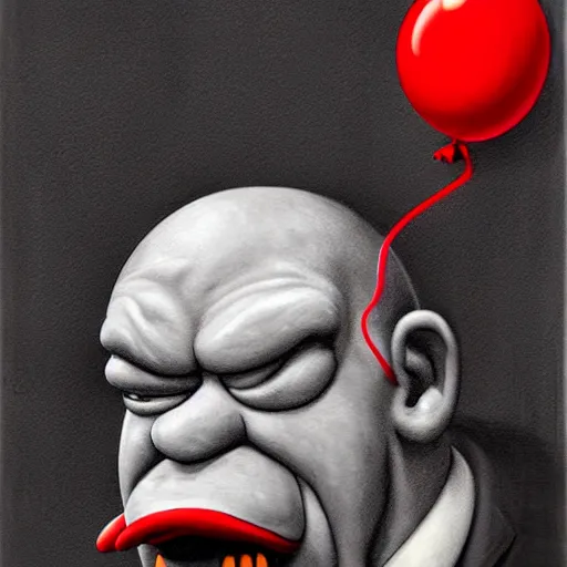 Image similar to surrealism grunge cartoon portrait sketch of homer simpson with a wide smile and a red balloon by - michael karcz, loony toons style, pennywise style, horror theme, detailed, elegant, intricate