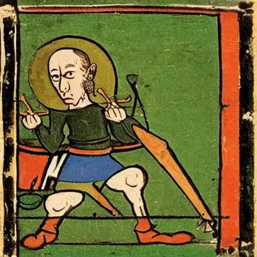 Image similar to skinny ugly man in green body suit, frying pan in one hand, angry, fighting, medieval art
