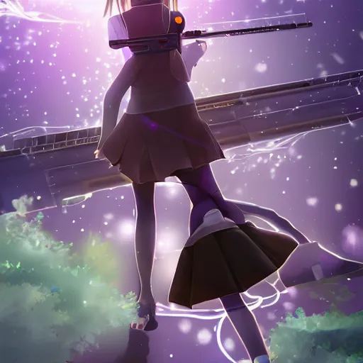 Prompt: advanced digital anime art, Sakimichan , a small school girl with silver hair wearing a violet dress and bare feet aiming through a PSG1 sniper rifle, DOF, Gaussian Blur, —W 1920