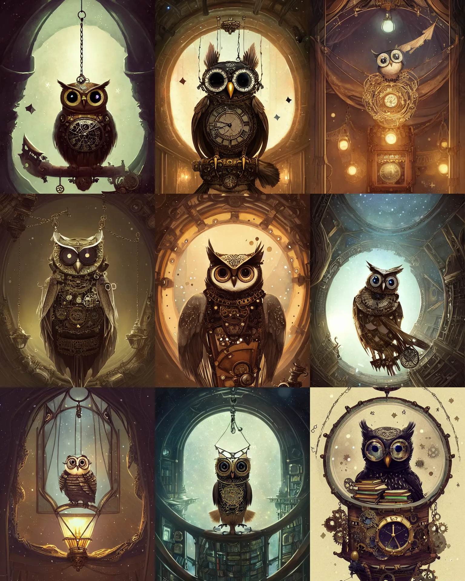 Prompt: cute steampunk owl with a polygonal library walls and glass ceilings showing the stars and hanging silk drapery and tapestries, light dust, magnificent, close up, details, sharp focus, elegant, highly detailed, illustration, by Jordan Grimmer and greg rutkowski and PiNe(パイネ) and 薯子Imoko and 香川悠作 and wlop and maya takamura, intricate, beautiful, Trending artstation, pixiv, digital Art