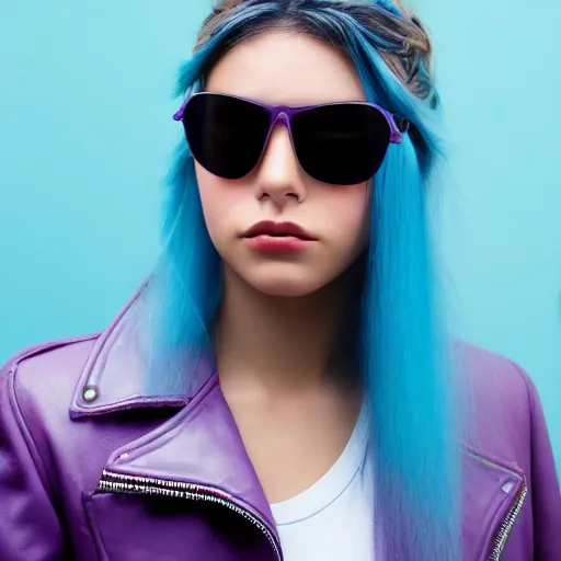 Image similar to closeup painting of a very beautiful young mexican cyberpunk woman with light blue shutter shades, one side haircut, long brown hair with light blue ends, purple leather jacket