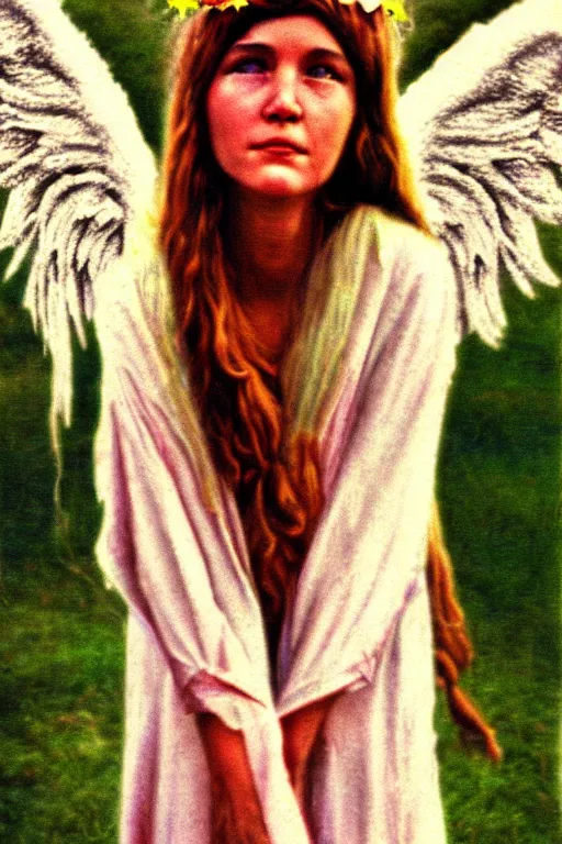 Image similar to old realistic photo of an hippie girl as an angel, photograph, color picture, late 1 9 6 0's, highly detailed, matte, sharp focus, smooth, sharp focus, illustration