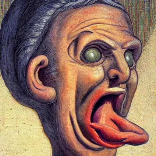 Image similar to portrait of ancient greek idiot yawning with big eyes and sharp nose. fine detail. artistic painting by lurid