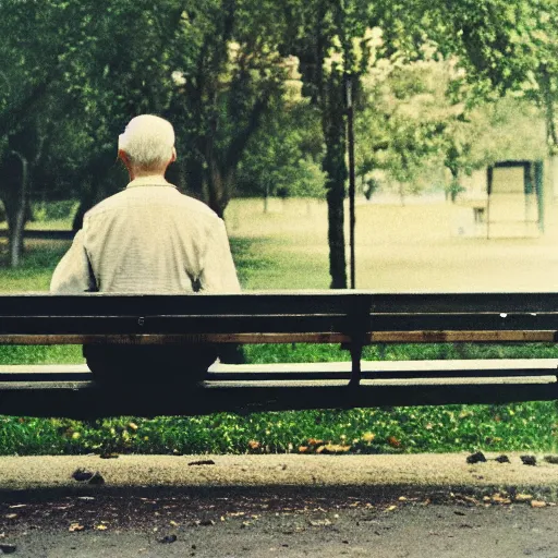 Image similar to Lonely man sitting on bench photographed by Andrej Tarkovsky, kodak 5247 stock, color photograph