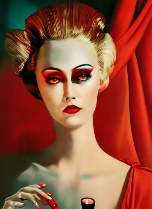 Image similar to an 8 0 s portrait of a woman with dark eye - shadow and red lips with dark slicked back hair dreaming acid - fueled hallucinations by serge lutens, rolf armstrong, delphin enjolras, peter elson, red cloth background