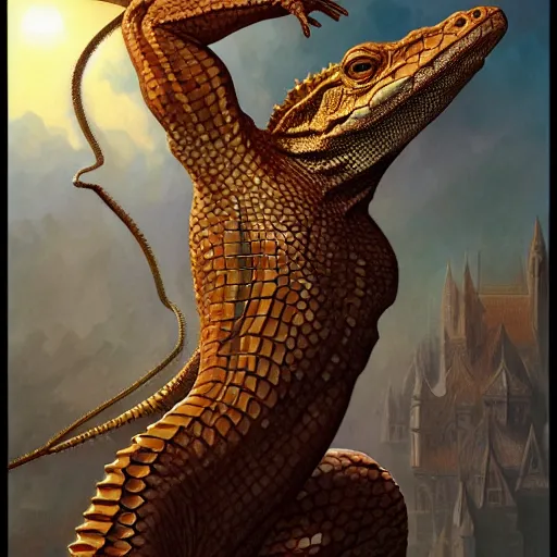 Prompt: fullbody!! dynamic action pose, jesus as a scaly cold blooded reptilian lizard, intricate, humorous, holy cross, absurd, highly detailed, digital painting, artstation, concept art, smooth, sharp focus, illustration, art by artgerm and greg rutkowski and alphonse mucha