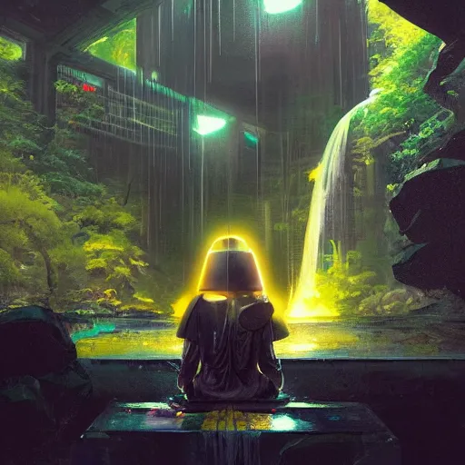 Image similar to a sage meditates under a waterfall pieces with glowing yelow visor as a realistic scifi cyberpunk, torso, art by james jean and greg rutkowski!!, realistic face, digital art,, golden ratio, perfect composition, trending on artstation, 8 k