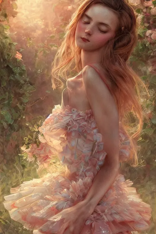 Image similar to stunningly beautiful, prima ballerina in rose garden, symmetrical face, golden hour, smooth, focus, highly detailed, hyper realistic, dramatic lighting, elegant, intricate, concept art, art by wlop, mars ravelo, greg rutowski, artstation