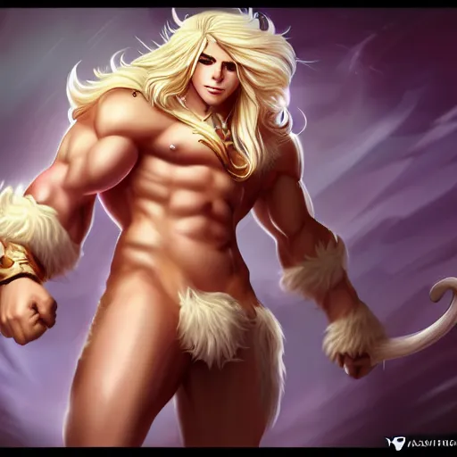 Prompt: the latest blond male beefcake from league of legends, extremely pale white skin and long fluffy blond curly hair, 4K, artstation