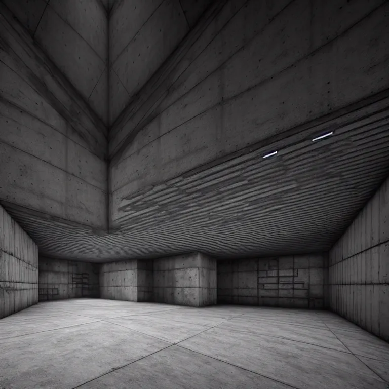 Prompt: Concrete huge dark-gray multi-layered underground structure with multiple floors and a cleft in the center. Inside view, straight lines, corners, high detailed, details, ultra realistic, photorealism, 8k, doorways, symmetrical, brutalism, ray of light, architecture, volumetric lighting, cinematic, shadows