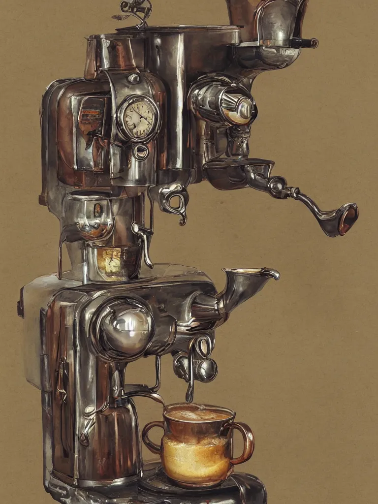 Image similar to product photography of an ancient coffee machine, by Simon Stalenhaag, by Yoshita Amano, by Esao Andrews, sharp focus, fresh colors, conceptart, trending on artstation