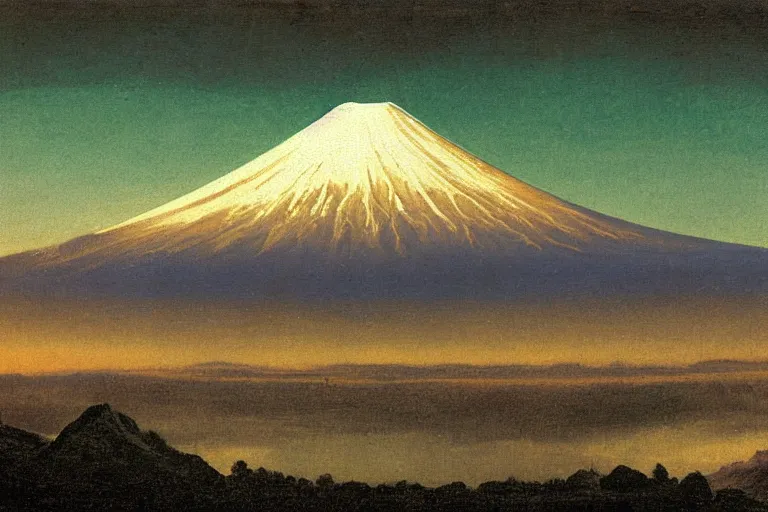 Prompt: a comet over mount fuji, painted by albert bierstadt