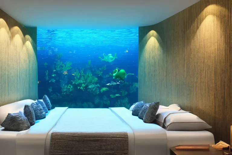 Prompt: an underwater hotel room from the future, the bed is a fish tank, caustic lighting, summer day, palm trees, 55mm 2021