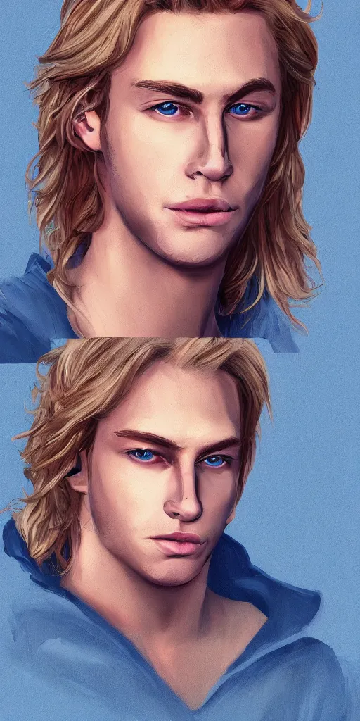 Image similar to portrait of a handsome gorgeous male satanic dirty blonde haired hippie that looks like cody fern with a straw jawline with long hair and blue eyes as the human prince of satan and lucifer, artstation