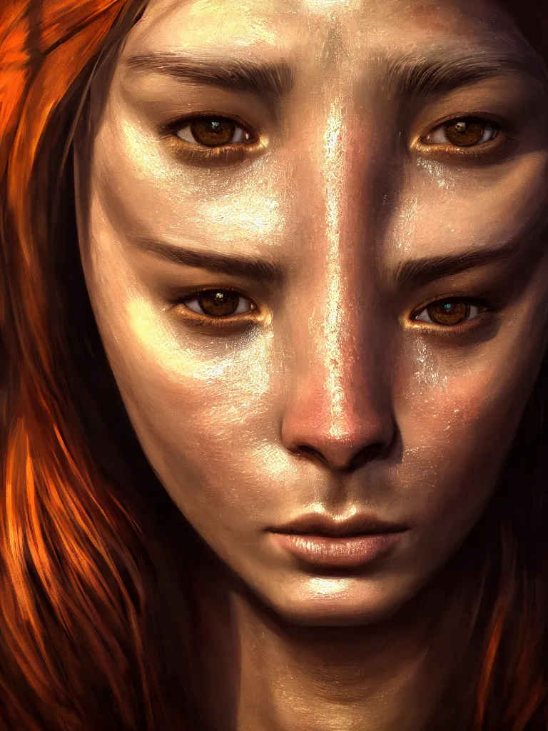 Prompt: a face portrait of a beautiful girl from skyrim, skyrim setting, close - shot, symmetrical face, warm colors, soft lighting, atmospheric, cinematic, moody, in the style of diego koi, gina heyer, luiz escanuela, art by alyssa monk, hyperrealism, rule of thirds, golden ratio, oil on canvas, 8 k