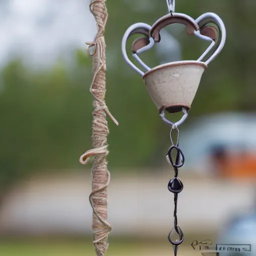 Prompt: This is a sketch of a wind chime made from the pieces of a broken mug. It shows the mug handle as the top piece with strings attached to it, and the bottom pieces of the mug hanging down like little bells, iso 300, f-stop 1.5, Pentax