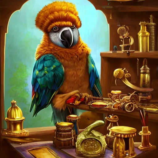 Image similar to Anthropomorphized parrot trader in his shop, selling his wares, portrait, items, gold, magic potions, carpet, window, sly expression , cunning expression, cute expression, beautiful beak, presenting wares, holding a gold bag, D&D, fantasy, cinematic lighting, highly detailed, digital painting, artstation, concept art, smooth, sharp focus, illustration, warm light, cozy warm tint, magic the gathering artwork, volumetric lighting, 8k, art by Akihiko Yoshida, Greg Rutkowski