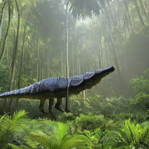 Image similar to giant spinosaurus walking through a tropical forest