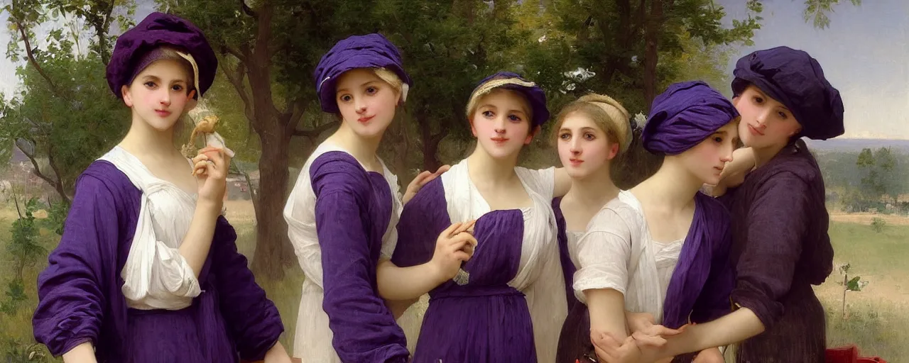 Prompt: A painting of many mysterious girls with short blond hair wearing an oversized purple Beret, Baggy Purple overall shorts, Short Puffy pants made of silk, silk shoes, a big billowy scarf, Golden Ribbon, and white leggings Covered in stars. Short Hair. Sunlit. Haute Couture.Art by william-adolphe bouguereau and Paul Delaroche and Alexandre Cabanel and Anna Dittmann and WLOP and Artgerm. Smooth. Elegant. Highly Detailed. Intricate. Dreamlike. Cloudscape. 4K. UHD. Denoise.