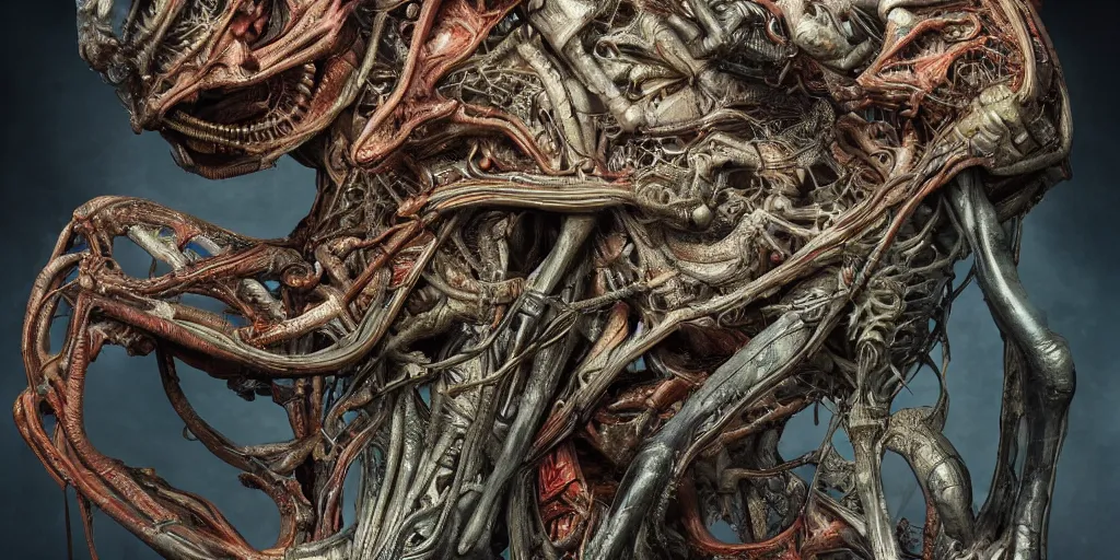 Prompt: dreamscape, giger, vivid colors, anatomical, highly detailed sculpture, intricate detailed, ommatidia, 8 k, cinematic atmosphere, post - processing