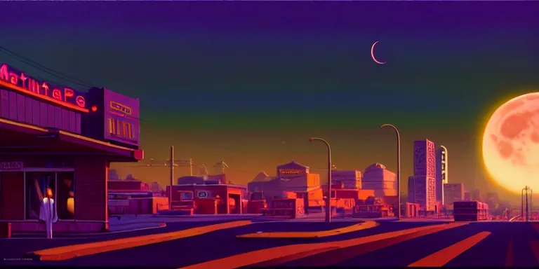 Prompt: an immaculate isometric cinematic keyframe matte painting of a sleek 1 9 7 0 s vaporwave rust belt city at dusk with an oversized moon. by eric lafforgue, glennray tutor and edward hopper, greg rutkowski. trending on artstation.