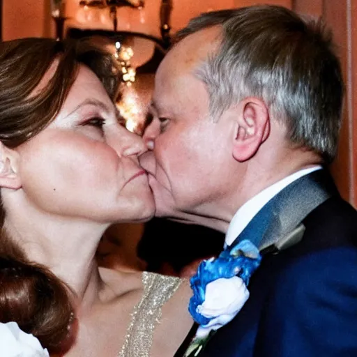 Image similar to a wedding photo of Donald Tusk and Jaroslaw Kaczynski kissing each other, high quality