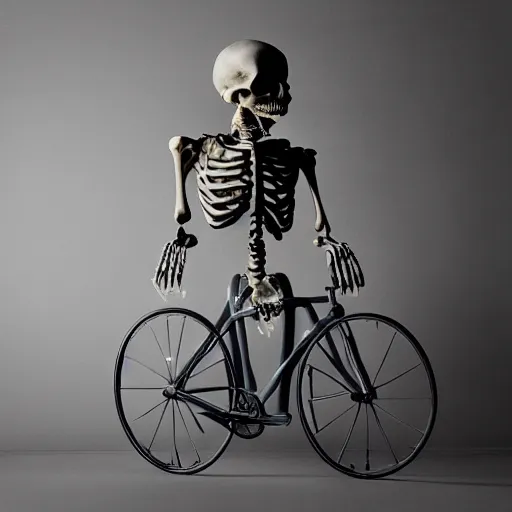 Image similar to “skeleton with a huge head riding a bicycle, studio lighting”