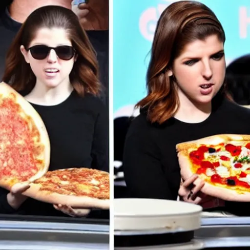 Prompt: paparazzi photo of Anna Kendrick eating two pizzas at once